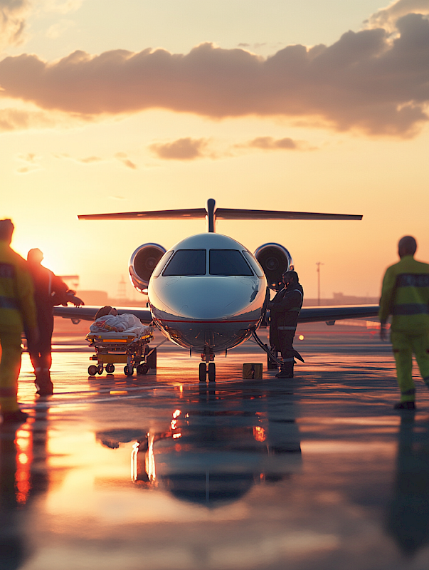 Medizinisches Team bereitet einen Patienten für den Rücktransport im Ambulanzflugzeug vor – Sonnenaufgang am Flughafen.