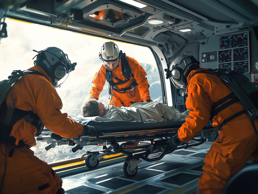 Repatriierung nach Deutschland: Ein Patient in einem Flugzeug wird von drei Rettungskräften liegend auf einer Trage transportiert.