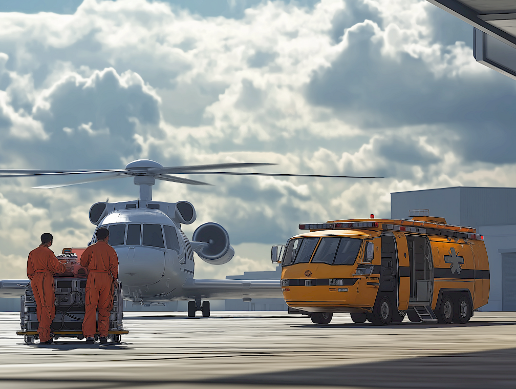 Repatriierung nach Deutschland: Flugplatz mit einem Krankenwagen, einem Helikopter für medizinische Transporte sowie zwei in orangefarbene Overalls gekleidete Menschen.